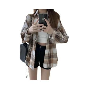 Imagem de Camisa Jaqueta Xadrez Tartan Oversized Feminina Manga Longa Com Botões