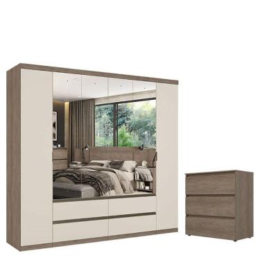 Imagem de Guarda Roupa Casal Nobre 6 Portas Full Glass Rustic Off White e Cômoda Gaveteiro Condessa Rustic Acetinado - THB