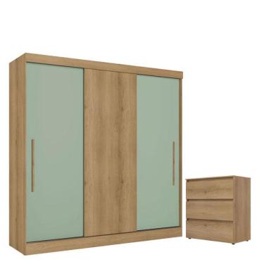 Imagem de Guarda Roupa Casal Vision 3 Portas Capuccino Menta Acetinado e Cômoda Gaveteiro Condessa Capuccino - THB