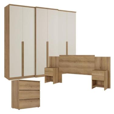 Imagem de Guarda Roupa Casal Valência 6 Portas Capuccino Off White com Cômoda Gaveteiro Condessa e Cabeceira Formosa Cappuccino - THB