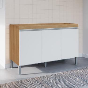 Imagem de Balcão Gabinete Cozinha Manu 120cm 3 Portas Sem Tampo MDP Multiuso Amêndoa Branco - Des...