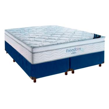 Imagem de Cama Box Azul + Colchão Ortobom Casal Freedom