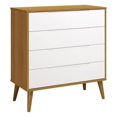 Imagem de Cômoda Gaveteiro Retrô Elfe Branco Acetinado Savana Amadeirado - Relle
