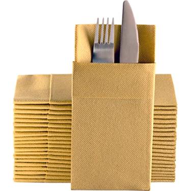 Imagem de Guardanapos de jantar dourados com bolso de talheres embutido, guardanapos de mão descartáveis absorventes de linho para cozinha, banheiro, festas, casamentos, jantares ou eventos, pacote com 50