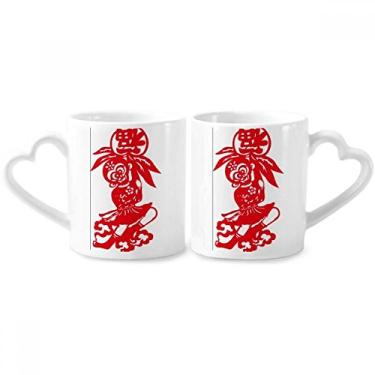 Imagem de Conjunto de canecas de porcelana para casais, flores de janela, tradicionais, macaco, da China, com alça de coração