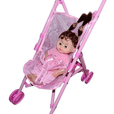 Imagem de Carrinho De Brinquedo Infantil Rosa Com Boneca Bebê