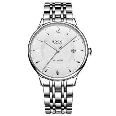 Imagem de Bocci Relógio masculino automático, pulseira de aço inoxidável, movimento japonês, relógio mecânico à prova d'água, luminoso, safira sintética, espelho, data, hora, andador, série, Prata - branco-01