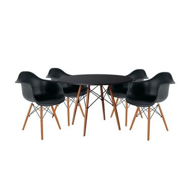 Imagem de Mesa de Jantar Redonda Eiffel Eames em Madeira 90cm Preta com 4 Poltronas Pretas