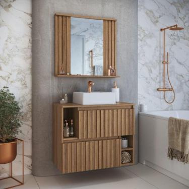 Imagem de Conjunto para Banheiro Gabinete Suspenso 75cm com Cuba e Espelheira Ripada Luiza Mel/Branco