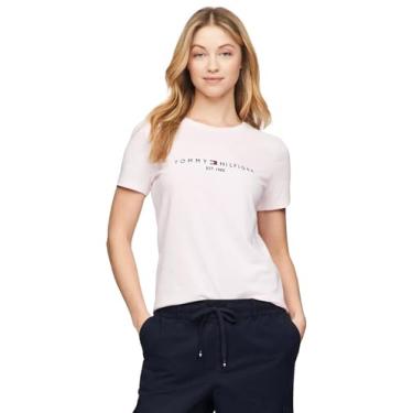 Imagem de Tommy Hilfiger Camiseta feminina de algodão de desempenho – Camisetas estampadas leves, (Nova coleção bordada) rosa claro., G