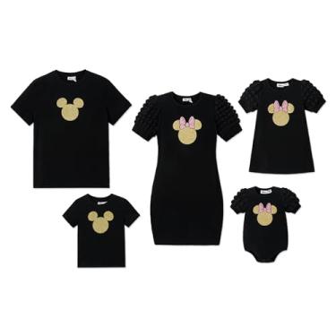 Imagem de Disney Conjunto de vestidos e camisetas de manga curta e estampa de personagens e listras combinando da família Mickey e seus amigos, Preto, 5-6 Anos