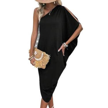 Imagem de Camisa Feminina One Shoulder Batwing Sleeve Asymmetrical Hem Dress (Color : Black, Size : XL)