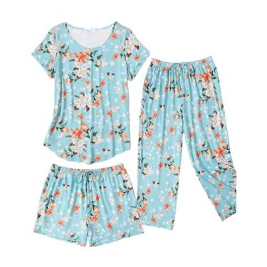 Imagem de Ekouaer Conjunto de pijama capri de 3 peças para mulheres, conjunto de pijama de manga curta, estampa floral, tops e shorts, conjunto de pijama plus size, Flores verdes, P