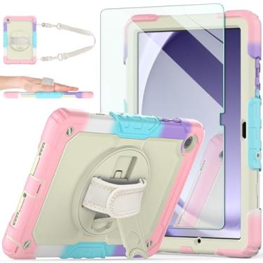 Imagem de Capa para Samsung Galaxy Tab A9+ 2023, [à prova de crianças] Capa protetora de corpo inteiro Ambison com protetor de tela de vidro temperado 9H, suporte giratório de 360° e alça de mão (rosa claro)