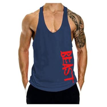 Imagem de Camiseta regata masculina estilo nadador nas costas com ajuste muscular, cor sólida, estampa de letra única, sem mangas, camiseta de ginástica, Azul-escuro, G