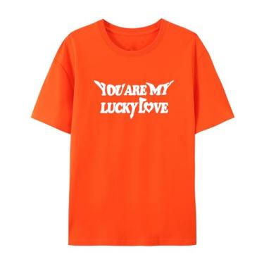 Imagem de Camisetas You are My Lucky Love com estampa de coração combinando, perfeitas para casais e dia dos namorados, Laranja, 5G