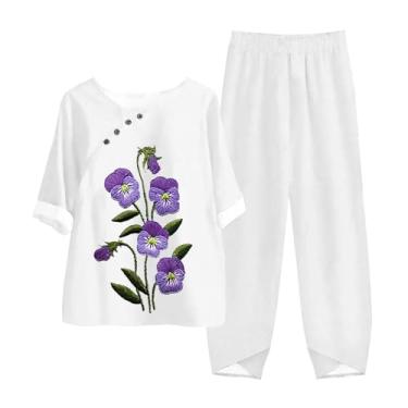 Imagem de Conjunto de 2 peças de linho para mulheres 2024 verão plus size manga curta Alzheimer camisa para idosos calça capri jogger conjuntos, Za1-branco, XX-Large