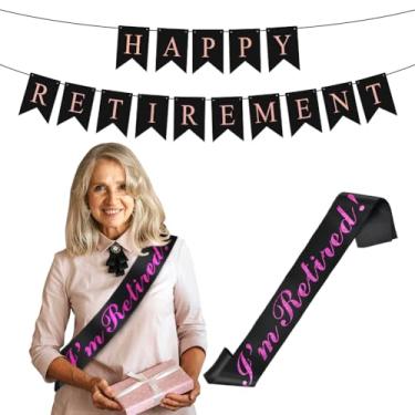 Imagem de Happy Retirement Party Decoration,Pink Black Retirement Hanging Bunting Banner Garland I am Retired Glitter Celebration Sash Photo Booth Props for Men Women Office Farewell Work Party Supplies