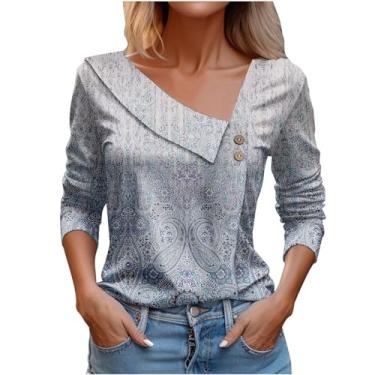 Imagem de Camiseta feminina assimétrica lapela botão blusas vintage floral gráfico blusa solta roupas elegantes, Prata, XXG