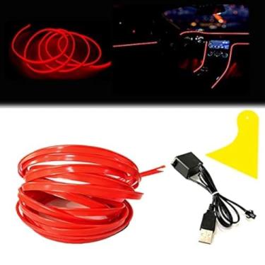 Imagem de Maxlaxer Fita de luzes LED para interior de carro vermelho El Wire, fio neon 2M USB 5V com proteção de fusível para decoração de interiores automotivos, com borda de costura de 6 mm
