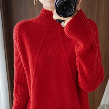 Imagem de Suéter feminino outono inverno suéter de cashmere gola alta pulôver feminino moda manter quente blusas soltas (Color : Red, Size : Large)