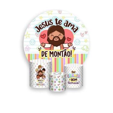 Imagem de Painel De Festa Redondo 1,50x1,50 + Trio De Capas Cilindro - Jesus Ama