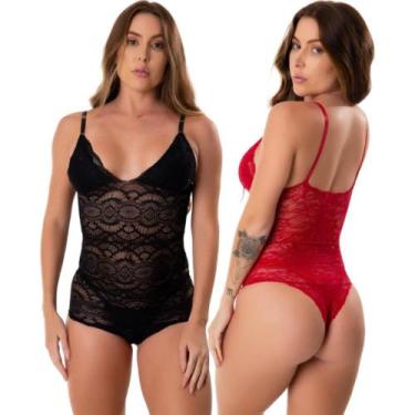 Imagem de Kit 2 Body Feminino De Renda Transparente Decotado Costa Nua Uma Alça 