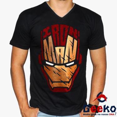 Imagem de Camiseta Homem de Ferro 100% Algodão Vingadores Geeko, Preto gola v, G