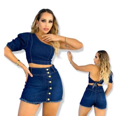 Imagem de Conjunto feminino blusa + short saia jeans com botões escuro - QCHICK 