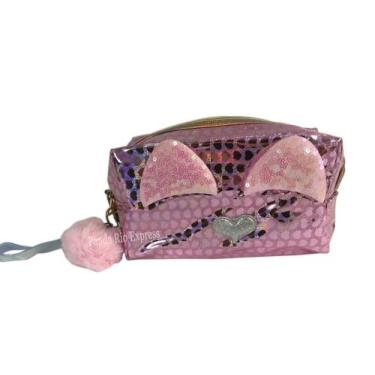 Imagem de Necessaire Organizadora Holográfica Gatinho Com Chaveiro de Pompom - G