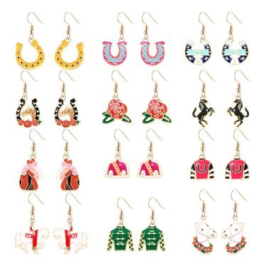 Imagem de VOGUEKNOCK 9/12 pares de brincos Derby para mulheres, traje de equitação, ferraduras, brincos com pingente de gota Kentucky Derby, acessórios de corrida de cavalos, acessórios para o dia do Derby,