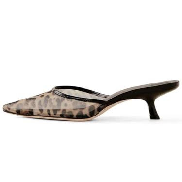 Imagem de Divanne Mules de salto para mulheres, salto gatinho de malha leopardo mules bico fino slingback, Malha de leopardo, 40