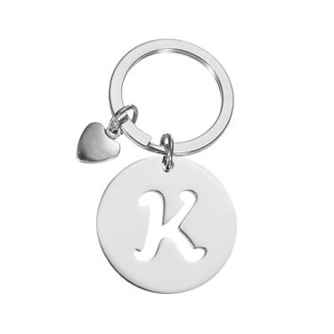 Imagem de PATIKIL Chaveiro de letra inicial, disco de aço inoxidável com pingente A-Z, chaveiro fofo de metal com alfabeto de coração para chaves, bolsa, mochila, prata (K)