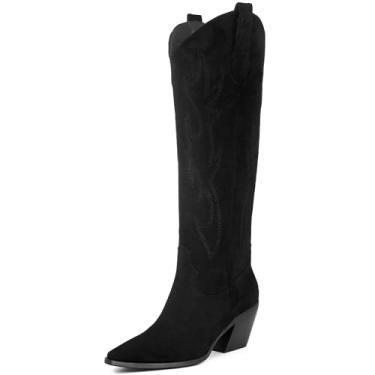 Imagem de iiimmu Botas femininas Cowgirl, cano alto, bico fino, salto bloco, camurça caubói e couro sintético com bordado, Preto, 34