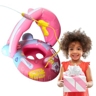 Imagem de Kit Boia infantil bebe bote inflavel com proteção contra sol cobertura solar para piscina praia + arminha de água presente menino natal aniversario menina 1 ano 12 meses dia das crianças (Rosa)