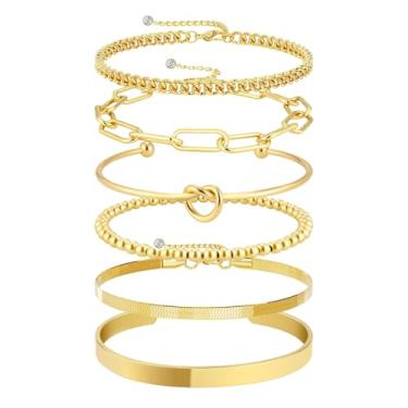 Imagem de Dlknp 6 peças de pulseiras de ouro para mulheres, banhado a ouro 14K, conjuntos de joias, pulseiras empilhadas com clipe de papel com contas, presentes para mulheres e mães, One Size, Banhado a ouro