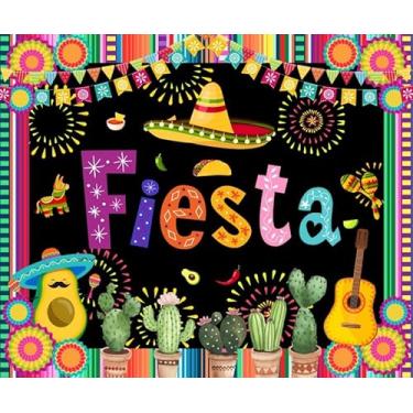 Imagem de Pnylzzyxh Pano de fundo para fotos da festa do México Cinco de Mayo com listras coloridas, cacto, violão, abacate, pano de fundo, taco, fotografia, fundo para festas de festa, faixa 3 x 2,4 m,