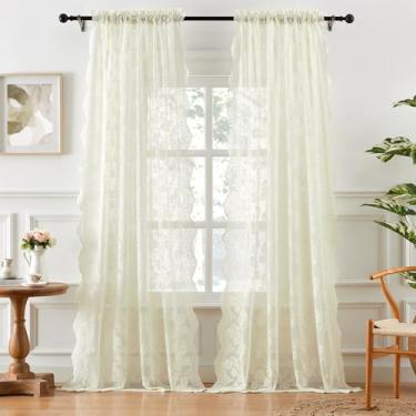 Imagem de Cortinas de renda creme, comprimento de 182 cm, 2 painéis, cortinas florais vitorianas para sala de estar, quarto, decoração francesa, bolso de varão, filtro de luz, tecido de renda transparente