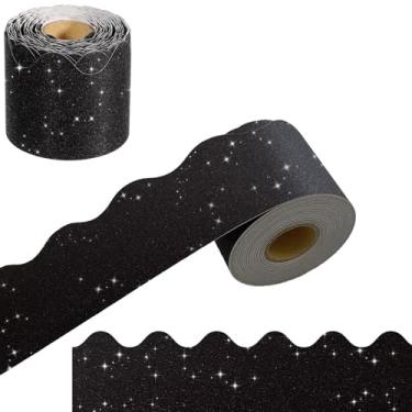 Imagem de Adesivos de bordas de boletim com acabamento de 1,8 m, bordas decorativas brilhantes, bordas recortadas, para festas de sala de aula, tiras de decoração de sala de aula (preto)