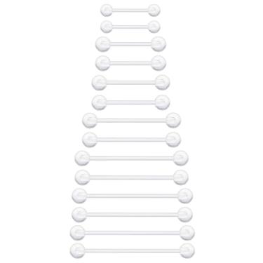 Imagem de Dyknasz Anéis de mamilo de plástico para cirurgia, joias industriais, transparentes, 14 g, argolas de plástico para língua, barra longa, piercings de mamilo, para mulheres, comprimento da barra: