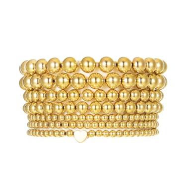 Imagem de COLORFUL BLING Conjunto de 5 a 7 peças de pulseiras empilháveis boêmias em camadas com contas de ouro indiano pulseira elástica Amizade Boho Joias para mulheres, Metal, Liga metálica.