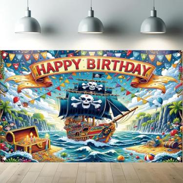 Imagem de Starlit Patio Banner de feliz aniversário de navio pirata cenário aventura ilha do tesouro filme decorações de festa caveira peito oceano cena fundo adereços 71 x 43 polegadas