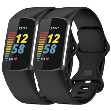 Imagem de Anuoli Pacote com 2 pulseiras compatíveis com Fitbit Charge 6 Charge 5, pulseira de substituição de silicone macio para mulheres e homens (preto_preto, pequeno (14 a 19,8 cm)