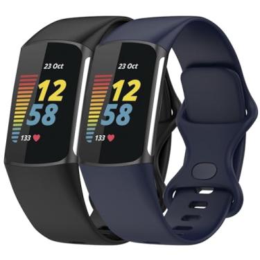 Imagem de Anuoli Pacote com 2 pulseiras compatíveis com Fitbit Charge 6 Charge 5, pulseira de substituição de silicone macio para mulheres e homens (preto_azul marinho, grande (18 cm a 23 cm)