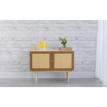 Imagem de Balcão Buffet Pés Palito Madeira Pequeno 2 Portas Mdf E Palhinha Estil