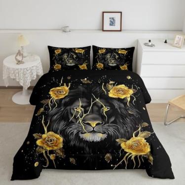 Imagem de Feelyou Jogo de cama com estampa de animal selvagem 3D dourado rosa e leão preto ultramacio para crianças, meninos, meninas, decoração de quarto, romântico, floral, vida selvagem