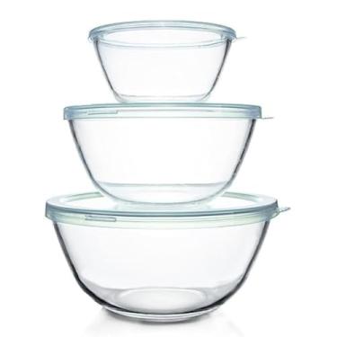 Imagem de Luvan Tigelas de mistura de vidro com tampas (4,5 QT, 2,7 QT, 1,1 QT) - Tigelas de vidro grandes, tigela de salada transparente para assar, cozinhar, servir, preparar alimentos, 3 tigelas de