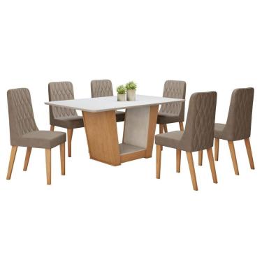 Imagem de Conjunto Sala de Jantar 170cm Tampo MDF com 6 Cadeiras  Amêndoa Clean/Off White/Bege