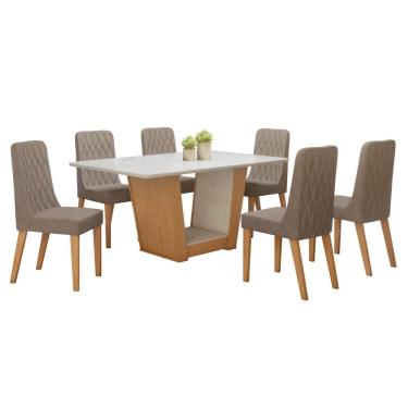 Imagem de Conjunto Sala de Jantar 160cm Tampo MDF com Vidro e 6 Cadeiras  Amêndoa Clean/Off White/Bege