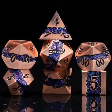 Imagem de Dungeons and Dragons DND Dice Set D&D D20 Single Fringe Metal Dice Set with Box, Polyhedral Role Playing Dice D12 D10 D% D8 D6 D4 for MTG RPG Board Games (Ancient red Copper Purple)